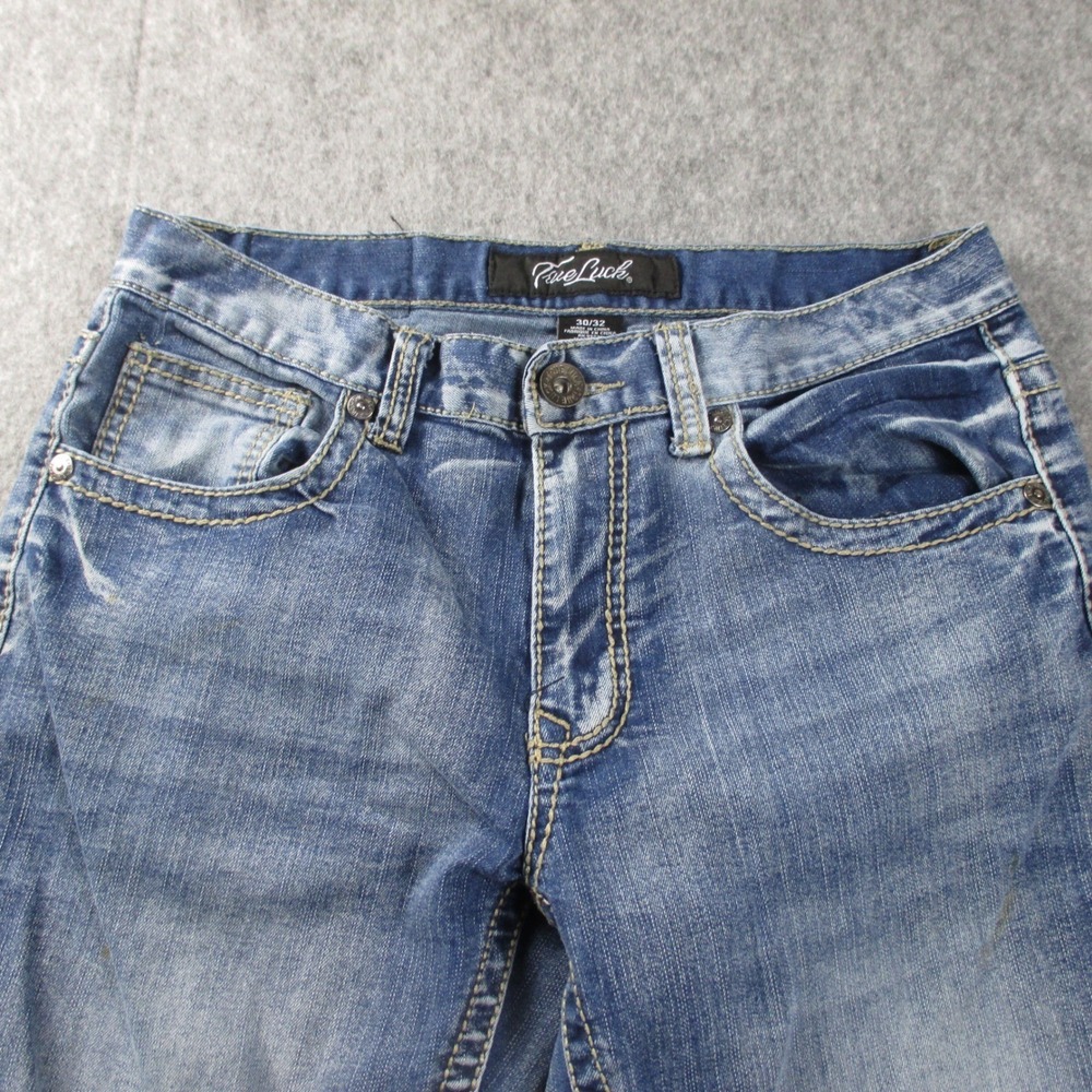 True Luck Jeans Mens 30x29 Straight Leg Medium Wash‎ Whiskered Denim Jeans Blue